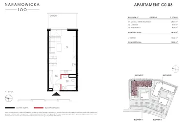 Rzut - Mieszkanie na sprzedaż 1 pokój o powierzchni 38,36 m² - numer C 0.08 w Naramowicka 100