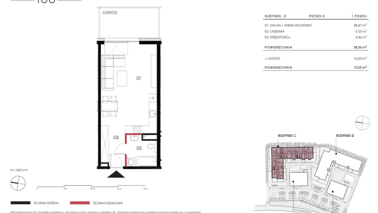 Rzut - Mieszkanie na sprzedaż 1 pokój o powierzchni 38,36 m² - numer C 0.08 w Naramowicka 100