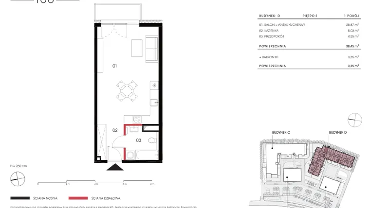 Rzut - Mieszkanie na sprzedaż 1 pokój o powierzchni 38,45 m² - numer D 1.08 w Naramowicka 100