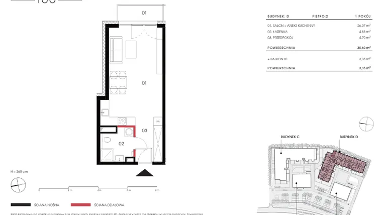 Rzut - Mieszkanie na sprzedaż 1 pokój o powierzchni 35,6 m² - numer D 2.07 w Naramowicka 100