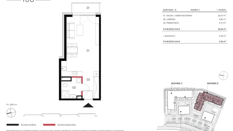 Rzut - Mieszkanie na sprzedaż 1 pokój o powierzchni 35,6 m² - numer D 1.07 w Naramowicka 100
