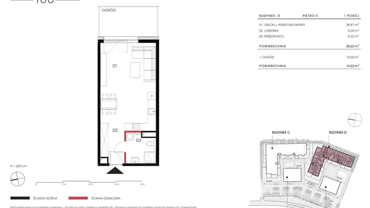 Rzut - Mieszkanie na sprzedaż 1 pokój o powierzchni 38,22 m² - numer D 0.08 w Naramowicka 100