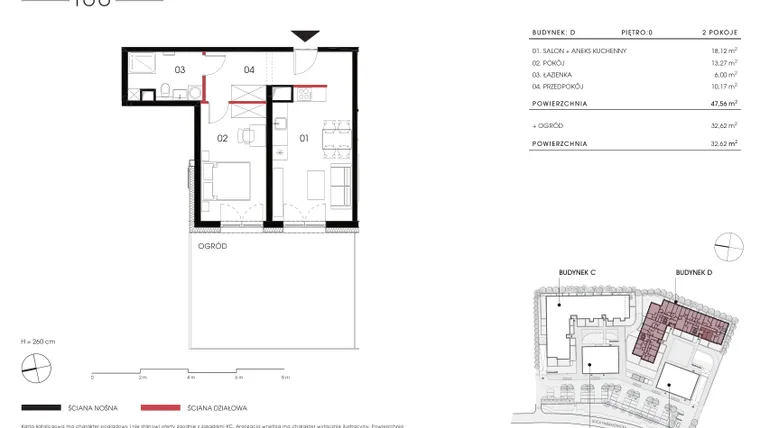 Rzut - Mieszkanie na sprzedaż 2 pokoje o powierzchni 47,56 m² - numer D 0.16 w Naramowicka 100