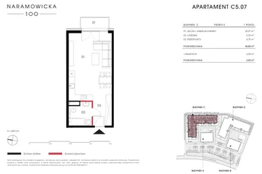 Rzut - Mieszkanie na sprzedaż 1 pokój o powierzchni 38,8 m² - numer C 5.07 w Naramowicka 100