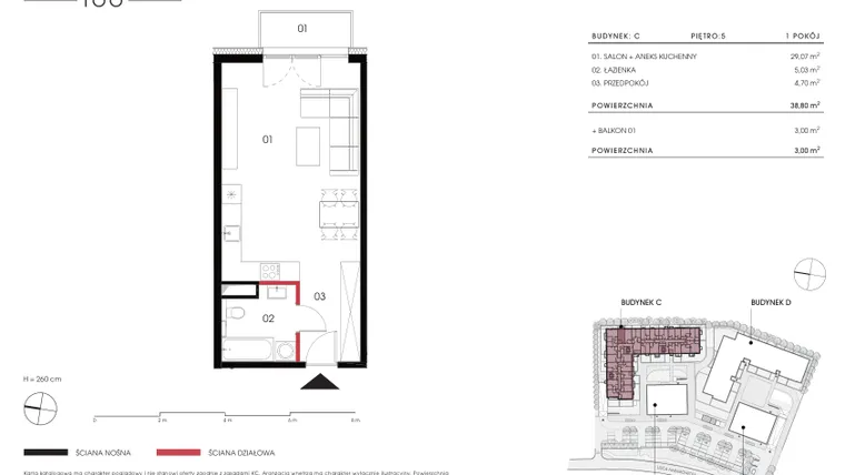 Rzut - Mieszkanie na sprzedaż 1 pokój o powierzchni 38,8 m² - numer C 5.07 w Naramowicka 100
