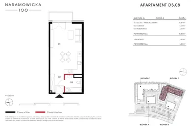 Rzut - Mieszkanie na sprzedaż 1 pokój o powierzchni 38,45 m² - numer D 5.08 w Naramowicka 100