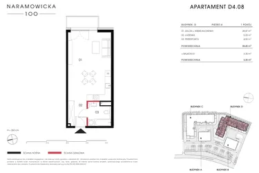 Rzut - Mieszkanie na sprzedaż 1 pokój o powierzchni 38,45 m² - numer D 4.08 w Naramowicka 100