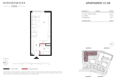 Rzut - Mieszkanie na sprzedaż 1 pokój o powierzchni 38,43 m² - numer C 1.08 w Naramowicka 100