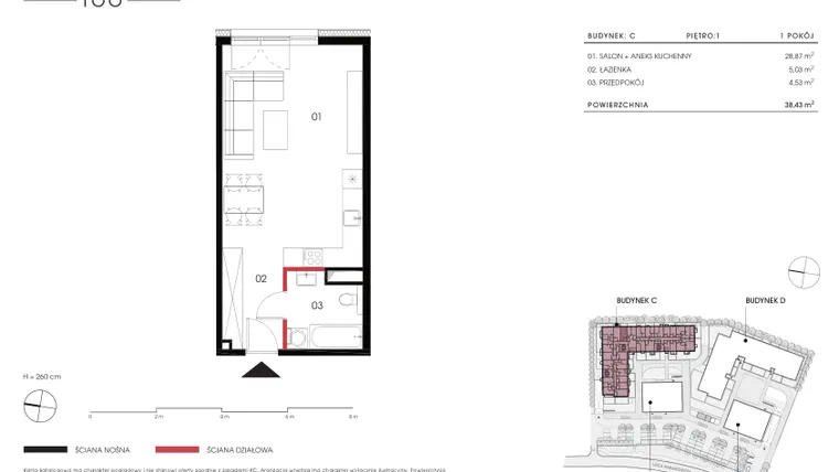 Rzut - Mieszkanie na sprzedaż 1 pokój o powierzchni 38,43 m² - numer C 1.08 w Naramowicka 100
