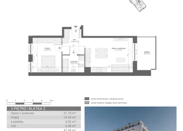 Rzut - Mieszkanie na sprzedaż 2 pokoje o powierzchni 47,08 m² - numer M39 w Ultra Marina etap II