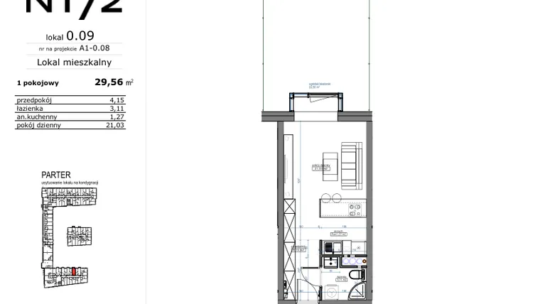 Rzut - Mieszkanie na sprzedaż 1 pokój o powierzchni 29,56 m² - numer 0.09 w Naramowicka 172