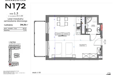 Rzut - Mieszkanie na sprzedaż 1 pokój o powierzchni 34,31 m² - numer 01.03 w Naramowicka 172