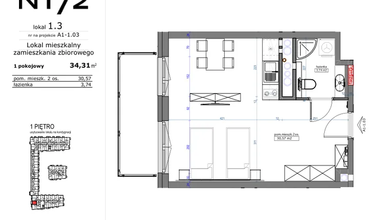 Rzut - Mieszkanie na sprzedaż 1 pokój o powierzchni 34,31 m² - numer 01.03 w Naramowicka 172