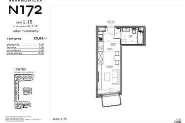 Rzut - Mieszkanie na sprzedaż 1 pokój o powierzchni 25,62 m² - numer 01.15 w Naramowicka 172