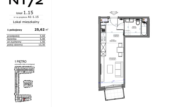 Rzut - Mieszkanie na sprzedaż 1 pokój o powierzchni 25,62 m² - numer 01.15 w Naramowicka 172