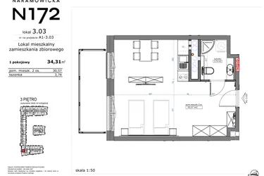 Rzut - Mieszkanie na sprzedaż 1 pokój o powierzchni 34,31 m² - numer 03.03 w Naramowicka 172