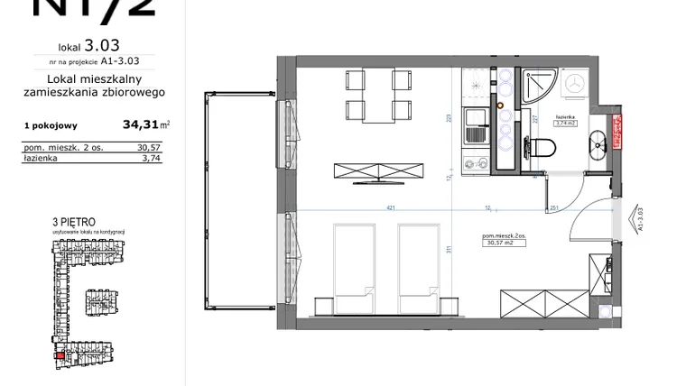 Rzut - Mieszkanie na sprzedaż 1 pokój o powierzchni 34,31 m² - numer 03.03 w Naramowicka 172
