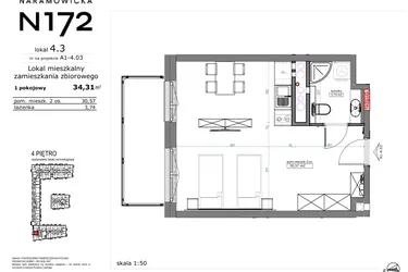 Rzut - Mieszkanie na sprzedaż 1 pokój o powierzchni 34,31 m² - numer 04.03 w Naramowicka 172