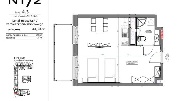 Rzut - Mieszkanie na sprzedaż 1 pokój o powierzchni 34,31 m² - numer 04.03 w Naramowicka 172