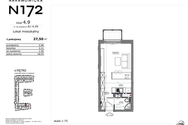 Rzut - Mieszkanie na sprzedaż 1 pokój o powierzchni 27,5 m² - numer 04.09 w Naramowicka 172