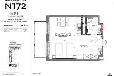 Rzut - Mieszkanie na sprzedaż 1 pokój o powierzchni 34,31 m² - numer 05.03 w Naramowicka 172