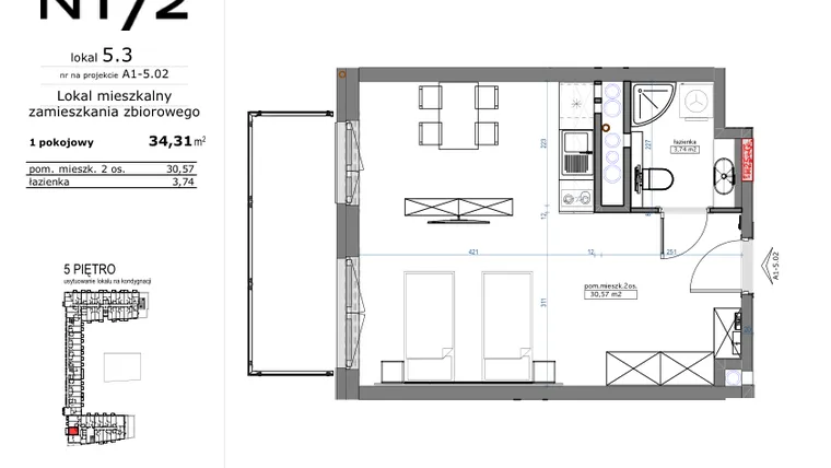 Rzut - Mieszkanie na sprzedaż 1 pokój o powierzchni 34,31 m² - numer 05.03 w Naramowicka 172