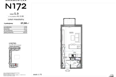 Rzut - Mieszkanie na sprzedaż 1 pokój o powierzchni 27,5 m² - numer 05.09 w Naramowicka 172