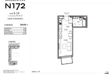 Rzut - Mieszkanie na sprzedaż 1 pokój o powierzchni 25,62 m² - numer 05.15 w Naramowicka 172