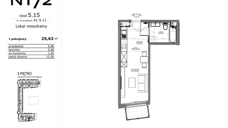 Rzut - Mieszkanie na sprzedaż 1 pokój o powierzchni 25,62 m² - numer 05.15 w Naramowicka 172