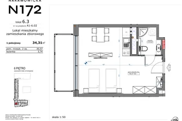 Rzut - Mieszkanie na sprzedaż 1 pokój o powierzchni 34,31 m² - numer 06.03 w Naramowicka 172