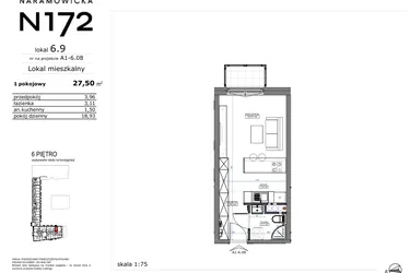 Rzut - Mieszkanie na sprzedaż 1 pokój o powierzchni 27,5 m² - numer 06.09 w Naramowicka 172