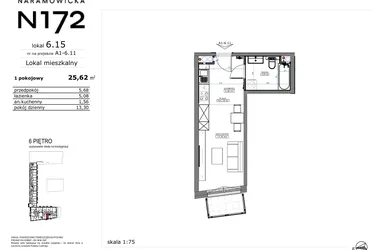 Rzut - Mieszkanie na sprzedaż 1 pokój o powierzchni 25,62 m² - numer 06.15 w Naramowicka 172