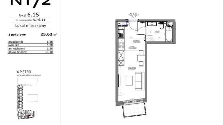 Rzut - Mieszkanie na sprzedaż 1 pokój o powierzchni 25,62 m² - numer 06.15 w Naramowicka 172