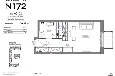 Rzut - Mieszkanie na sprzedaż 1 pokój o powierzchni 30,19 m² - numer A3.02 w Naramowicka 172