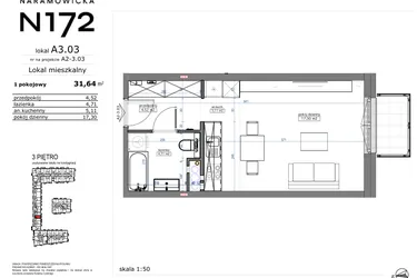 Rzut - Mieszkanie na sprzedaż 1 pokój o powierzchni 31,64 m² - numer A3.03 w Naramowicka 172