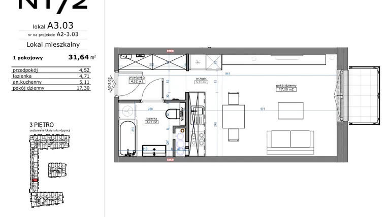 Rzut - Mieszkanie na sprzedaż 1 pokój o powierzchni 31,64 m² - numer A3.03 w Naramowicka 172