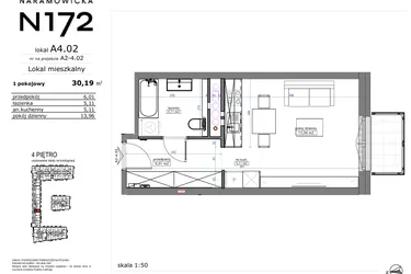 Rzut - Mieszkanie na sprzedaż 1 pokój o powierzchni 30,19 m² - numer A4.02 w Naramowicka 172