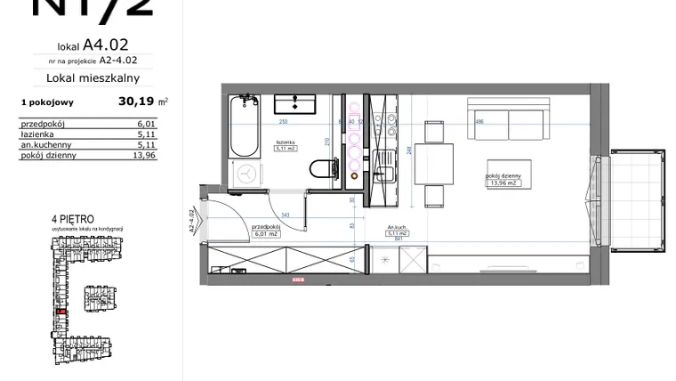 Rzut - Mieszkanie na sprzedaż 1 pokój o powierzchni 30,19 m² - numer A4.02 w Naramowicka 172