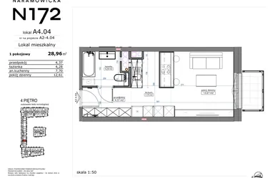 Rzut - Mieszkanie na sprzedaż 1 pokój o powierzchni 29,26 m² - numer A4.04 w Naramowicka 172
