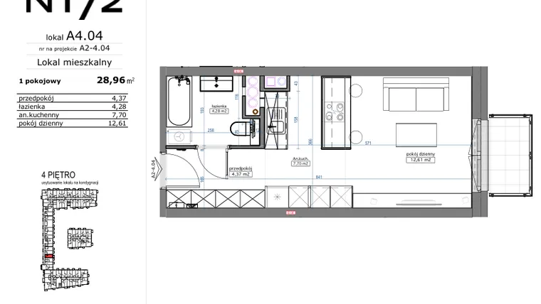 Rzut - Mieszkanie na sprzedaż 1 pokój o powierzchni 29,26 m² - numer A4.04 w Naramowicka 172