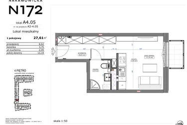 Rzut - Mieszkanie na sprzedaż 1 pokój o powierzchni 27,61 m² - numer A4.05 w Naramowicka 172