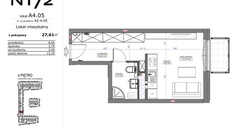 Rzut - Mieszkanie na sprzedaż 1 pokój o powierzchni 27,61 m² - numer A4.05 w Naramowicka 172