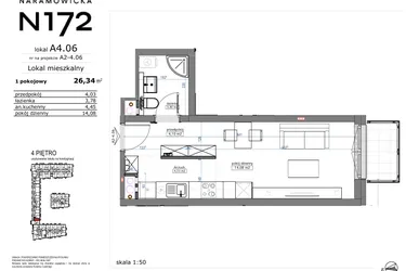 Rzut - Mieszkanie na sprzedaż 1 pokój o powierzchni 26,34 m² - numer A4.06 w Naramowicka 172