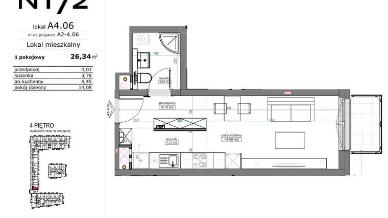 Rzut - Mieszkanie na sprzedaż 1 pokój o powierzchni 26,34 m² - numer A4.06 w Naramowicka 172