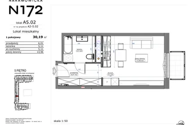 Rzut - Mieszkanie na sprzedaż 1 pokój o powierzchni 30,19 m² - numer A5.02 w Naramowicka 172