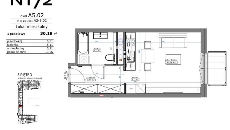 Rzut - Mieszkanie na sprzedaż 1 pokój o powierzchni 30,19 m² - numer A5.02 w Naramowicka 172