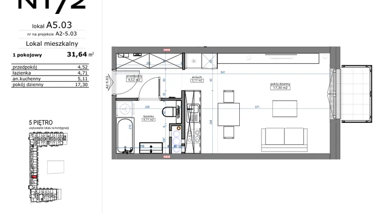 Rzut - Mieszkanie na sprzedaż 1 pokój o powierzchni 31,64 m² - numer A5.03 w Naramowicka 172