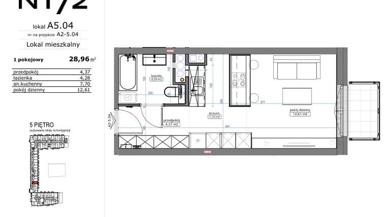 Rzut - Mieszkanie na sprzedaż 1 pokój o powierzchni 29,26 m² - numer A5.04 w Naramowicka 172