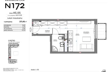 Rzut - Mieszkanie na sprzedaż 1 pokój o powierzchni 27,61 m² - numer A5.05 w Naramowicka 172
