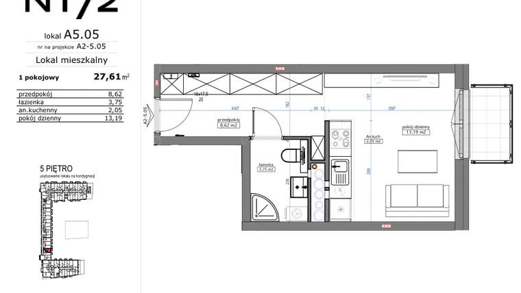Rzut - Mieszkanie na sprzedaż 1 pokój o powierzchni 27,61 m² - numer A5.05 w Naramowicka 172